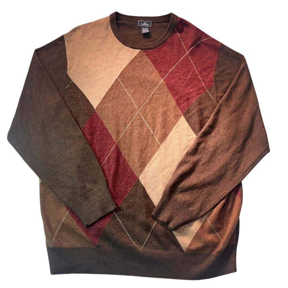 Dockers XXL Argyle Sweater Brown Tan Burgundy Diamond Knit Acrylic Crewneck